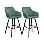 Set Of 2 Bar Stool Green Fabric Upholstered With Arms Backrest Black Metal Legs