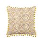 Decorative Cushion Yellow Cotton 45 X 45 Cm Geometric Pattern Block Print With Pom Poms