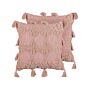 Set Of 2 Scatter Cushions Pink Cotton 45 X 45 Cm Geometric Pattern Tassels Removable Cover With Filling