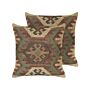 Set Of 2 Scatter Cushions Multicolour Jute Cotton 45 X 45 Cm Geometric Pattern Handmade Removable Cover With Filling