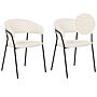 Set Of 2 Dining Chairs Off-white Boucle Fabric Upholstery Black Metal Legs With Armrests Curved Backrest