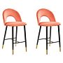 Set Of 2 Bar Chairs Coral Red Velvet Black Steel Retro Design Golden Ends Dining Room