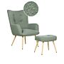 Wingback Chair With Ottoman Light Green Boucle Fabric Buttoned Solid Pattern Retro Style Living Room