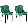 Set Of 2 Dining Chairs Green Velvet Upholstered Quilted