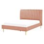 Eu Double Size Panel Bed 4ft6 Peach Velvet Slatted Base High Headrest