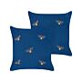 Set Of 2 Decorative Cushions Blue Bees Motif 45 X 45 Cm Velvet Polyester