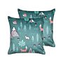 Set Of 2 Decorative Cushions Mint Green Velvet 45 X 45 Cm For Kids Animal Forest Motif Print Modern For Kids