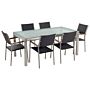 Garden Dining Set Black With Cracked Glass Table Top Rattan Chairs 6 Seats 180 X 90 Cm