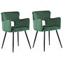 Set Of 2 Chairs Dining Chair Dark Green Velvet With Armrests Cut-out Backrest Black Metal Legs