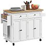 Homcom Rolling Kitchen Island Storage Trolley With Rubber Wood Top & Drawers For Dining Room, White