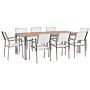 Garden Dining Set Light Eucalyptus Wood Top Steel Frame 220 X 100 Cm With 8 White Chairs