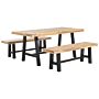 Garden Dining Set Light Wood Top Black Legs Outdoor 3 Pieces Acacia Wood Rectangular Table 2 Benches