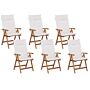 Set Of 6 Garden Chairs Light Acacia Wood With Off-white Cushions Folding Feature Uv Resistant