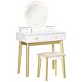 Homcom Dressing Table Set With Mirror, Built-in 3 Color Led Light, Vanity Makeup Table With 4 Drawers And Cushioned Stool For Bedroom, White