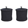 Set Of 2 Storage Baskets Black Cotton Striped With Lid Laundry Bins Boho Accessories