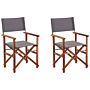 Set Of 2 Garden Director's Chairs Dark Wood With Grey Acacia Fabric Folding