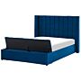 Eu Double Size Panel Bed Blue Velvet 4ft6 Slatted Base High Headrest With Storage Bench