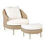 Garden Armchair With Footstool Nautral Shade White Cushions Pe Rattan Boho Design Outdoor Sitting