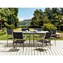 Garden Dining Set Black Granite Effect Tabletop Glass Stainless Steel Frame Set Of 6 Chairs Pe Rattan Seats