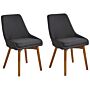 Set Of 2 Chairs Black Polyester Fabric Dark Solid Wood Legs Thickly Padded Seat