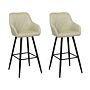 Set Of 2 Bar Stool Light Green Fabric Upholstered With Arms Quilted Backrest Black Metal Legs