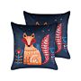 Set Of 2 Decorative Cushions Dark Blue Velvet 45 X 45 Cm For Kids Animal Fox Motif Print Modern For Kids