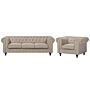 Chesterfield Living Room Set Beige Fabric Dark Wood Legs 3 Seater Sofa + Armchair