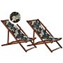 Set Of 2 Garden Deck Chairs Dark Acacia Wood Frame Animal Pattern Replacement Fabric Hammock Seat Reclining Folding Sun Lounger