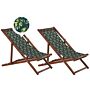 Set Of 2 Garden Deck Chairs Dark Acacia Wood Frame Olives Pattern Replacement Fabric Hammock Seat Reclining Folding Sun Lounger