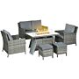 Outsunny 6-seater Rattan Garden Furniture Set W/ Gas Fire Pit Table, Wicker Loveseat, 2 Armchairs And 2 Footstools, Grey