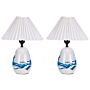 Set Of 2 Table Lamps White And Blue Natural Ceramic Synthetic Cone Shaped Shades