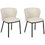 Set Of 2 Dining Chairs Cream Polyester Upholstery Black Metal Legs Armless Curved Backrest