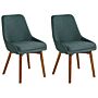 Set Of 2 Chairs Green Polyester Fabric Dark Solid Wood Legs Thickly Padded Seat