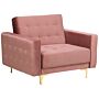 Armchair Pink Velvet Tufted Fabric Reclining Chair Gold Legs Track Arm