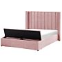 Eu Double Size Panel Bed Pink Velvet 4ft6 Slatted Base High Headrest With Storage Bench