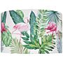 Pendant Lamp White Fabric Green Leaves And Flamingos Print Drum Shape