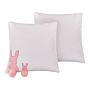 Set Of 2 Decorative Cushions White With Pink Cotton 45 X 45 Cm Rabbit Embroidery Pompom Tails Scatter Pillows Living Room Easter Bunny