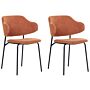 Set Of 2 Dining Chairs Orange Fabric Upholstery Black Metal Legs Armless Curved Backrest