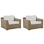 Set Of 2 Garden Armchairs Light Brown Rattan Wicker Outdoor 2 Chairs Set With White Cushions