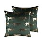 Set Of 2 Decorative Cushions Green Velvet Animal Foil Print 45 X 45 Cm Tiger Motif