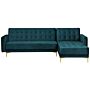 Corner Sofa Bed Teal Velvet Tufted Fabric Modern L-shaped Modular 4 Seater Left Hand Chaise Longue