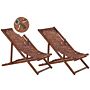 Set Of 2 Garden Deck Chairs Dark Acacia Wood Frame Floral Pattern Replacement Fabric Hammock Seat Reclining Folding Sun Lounger