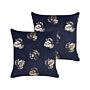 Set Of 2 Decorative Cushions Black Velvet Leaf Pattern 45 X 45 Cm Gold Foil Print