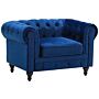 Chesterfield Armchair Blue Velvet Fabric Upholstery Dark Wood Legs