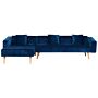 Corner Sofa Bed With 3 Pillows Blue Velvet Upholstery Light Wood Legs Reclining Right Hand Chaise Longue 4 Seater