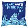 Printed Cotton Cushion Cover - We Are Waves - Grey, Blue And Natural