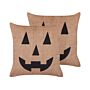 Set Of 2 Decorative Cushions Beige Velvet 45 X 45 Cm Jack-o-lantern Pattern Square Modern Halloween