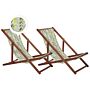 Set Of 2 Garden Deck Chairs Dark Acacia Wood Frame Yellow And Grey Replacement Fabric Hammock Seat Reclining Folding Sun Lounger