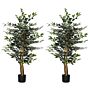 Homcom Artificial Ficus Tree In Pot, 130cm Tall Fake Plant With Lifelike Leaves And Natural Trunks Set Of 2, Green