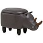 Animal Rhino Children Stool With Storage Dark Grey Faux Leather Wooden Legs Nursery Footstool